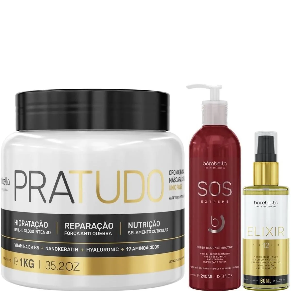 BORABELLA MáSCARA PRATUDO 1KG + SOS 240ML + ÓLEO ELIXIR 60ML