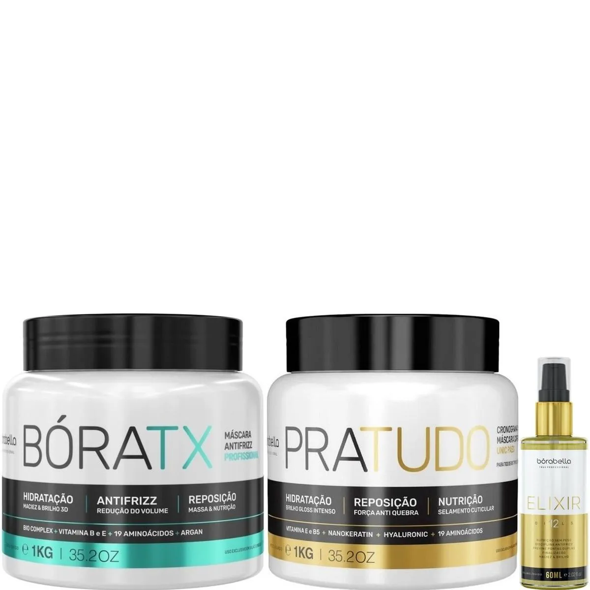 BORABELLA MáSCARA PRATUDO + BóRATX 2X1KG + ÓLEO ELIXIR 60ML