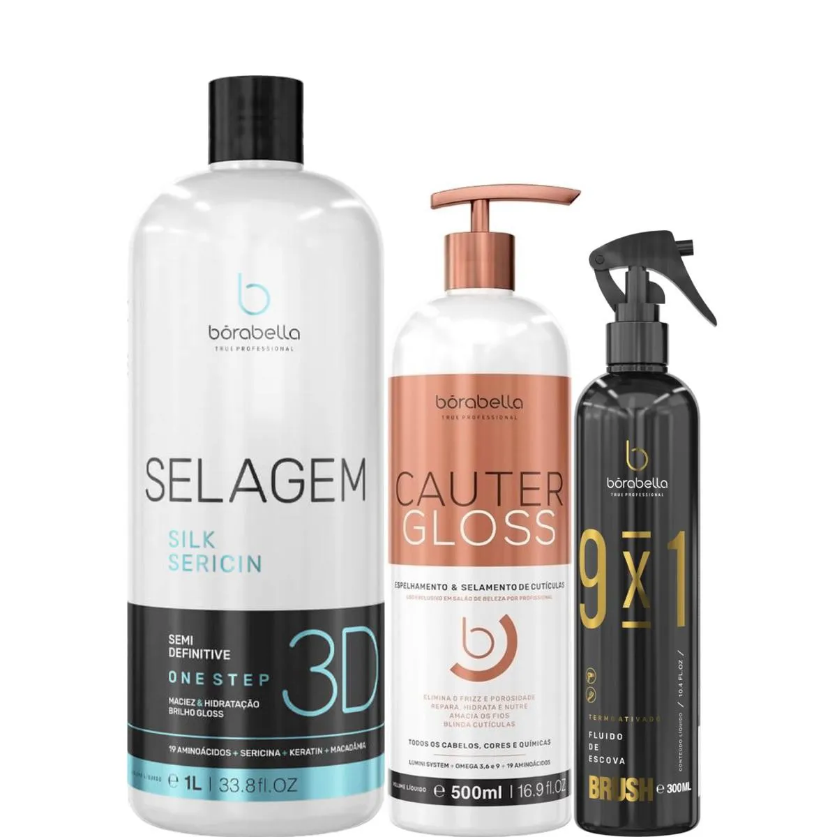 BORABELLA SELAGEM 3D 1L + CAUTER GLOSS 500ML + FLUIDO 300ML