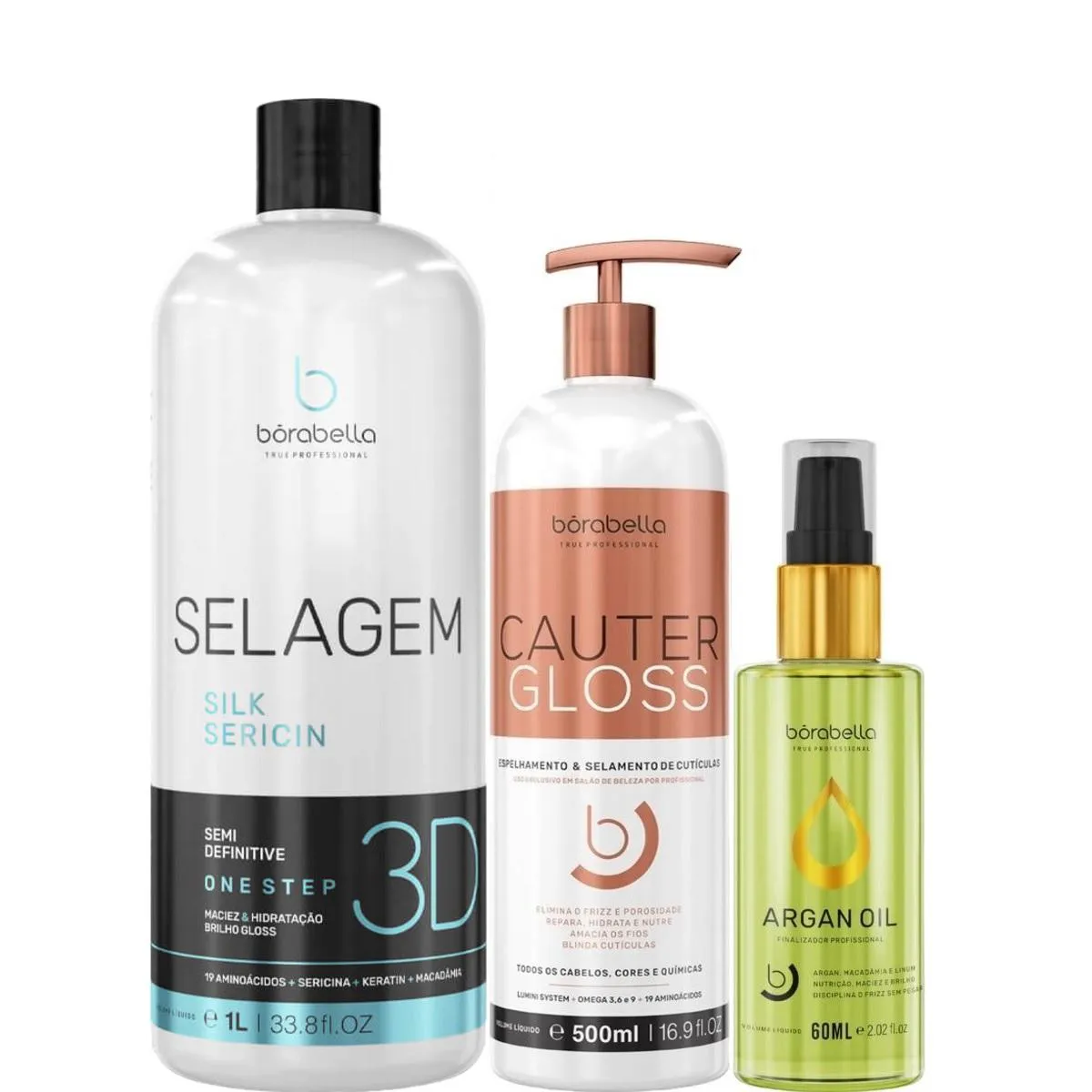 BORABELLA SELAGEM CAPILAR 1L + CAUTER 500ML + ARGAN 60ML