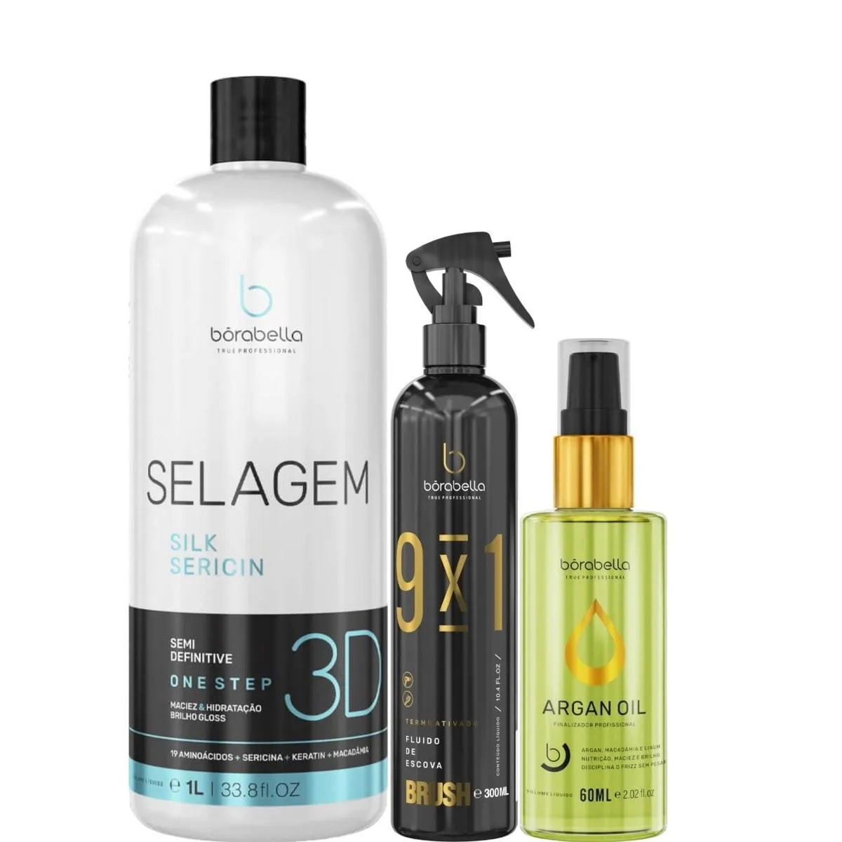 BORABELLA SELAGEM 3D 1LITRO + FLUIDO 300ML + ÓLEO ARGAN 60ML