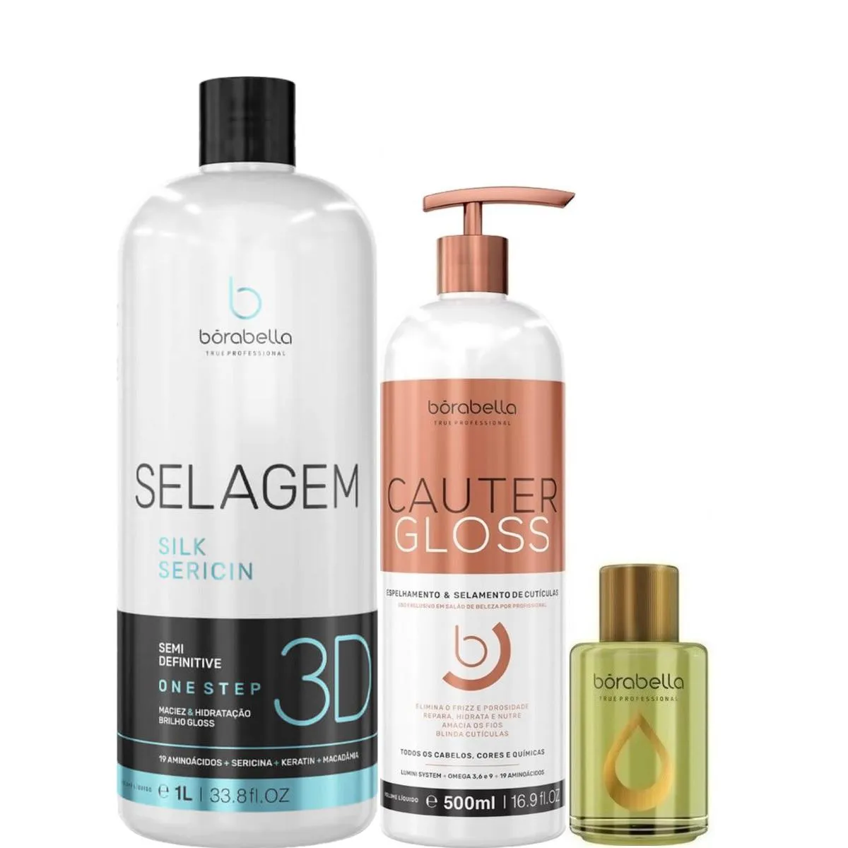 BORABELLA SELAGEM 3D 1LITRO + CAUTER GLOSS 500ML + ARGAN 7ML