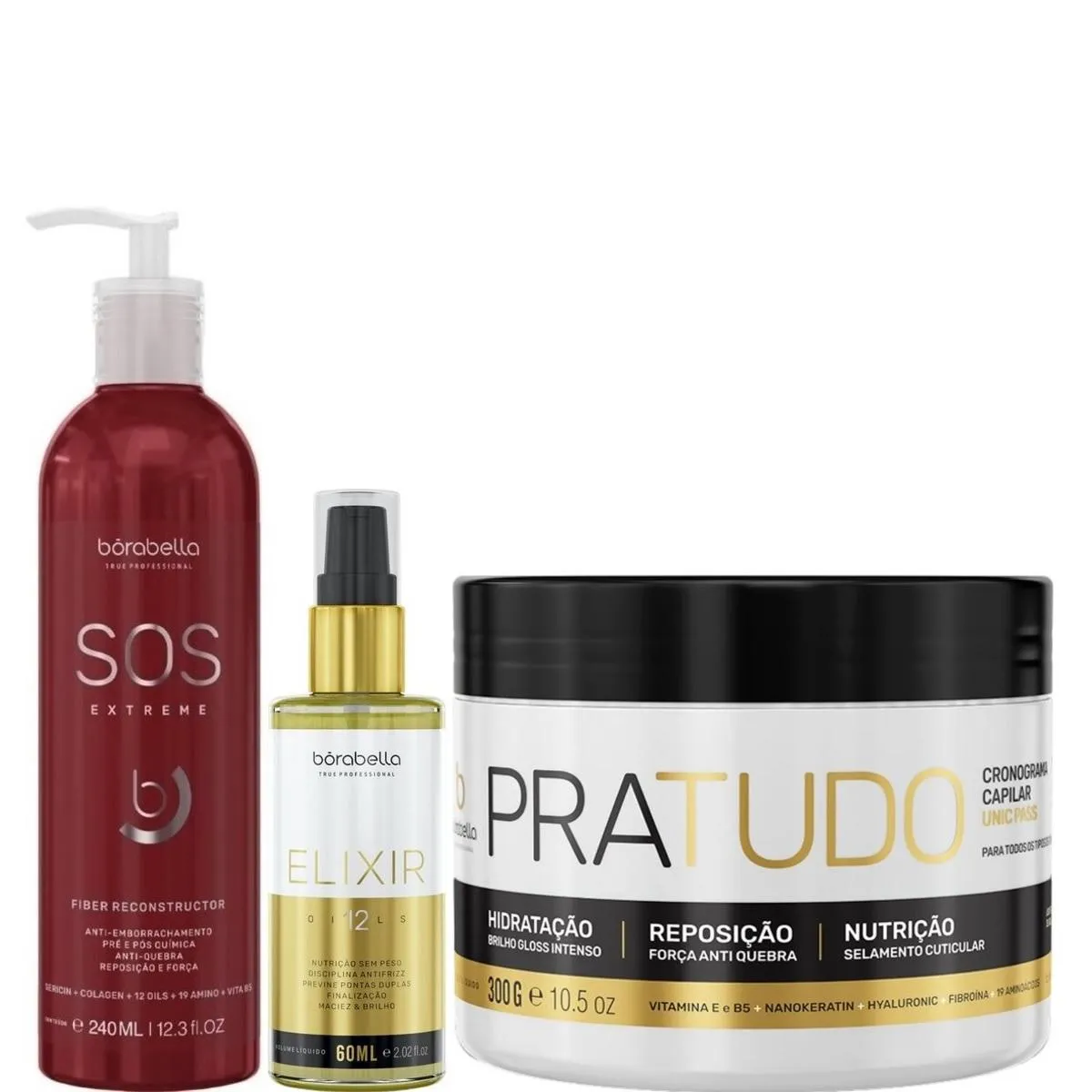 BORABELLA SOS 240ML + ÓLEO ELIXIR 60ML + MáSCARA PRATUDO 300G