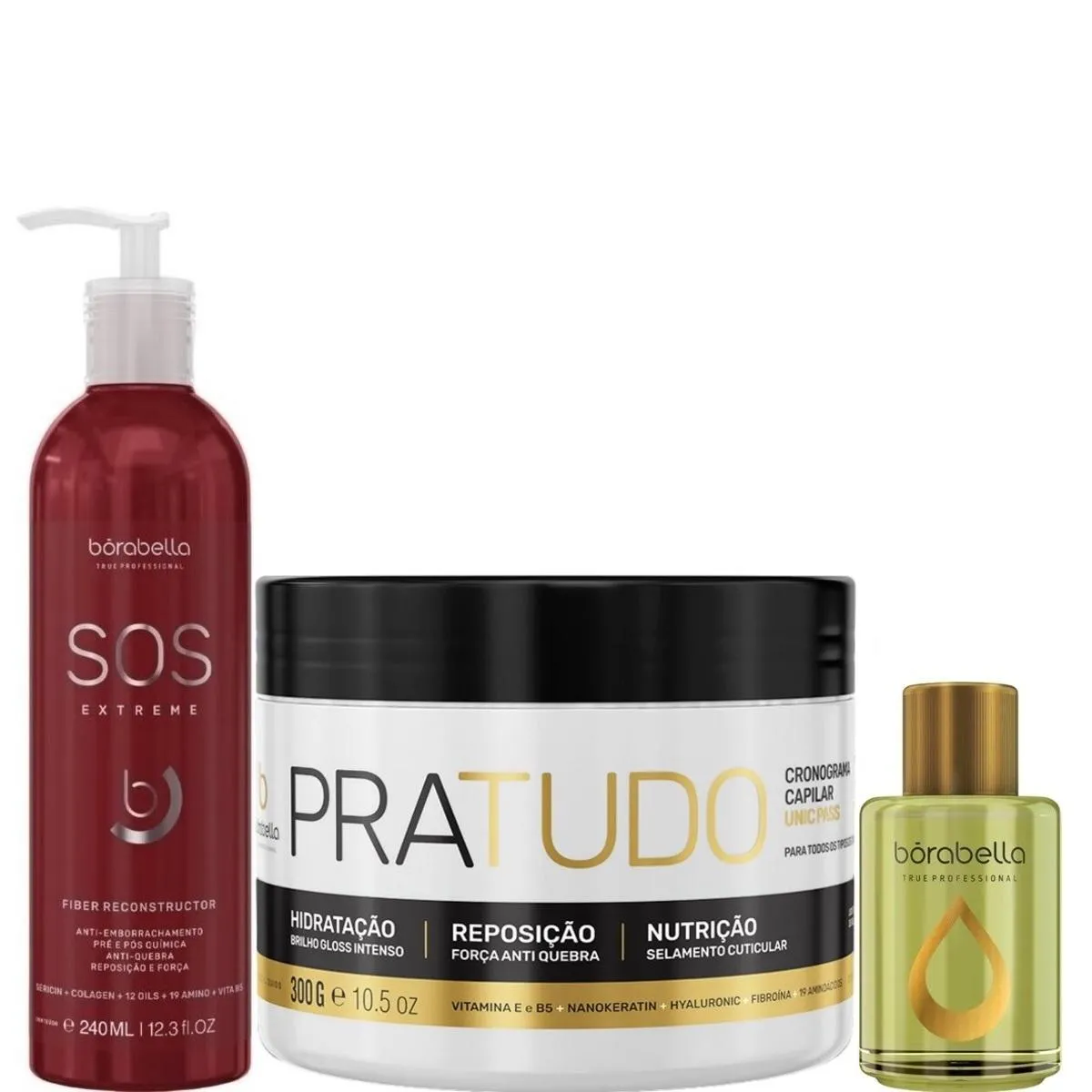 BORABELLA SOS 240ML + MáSCARA PRATUDO 300G + ÓLEO ARGAN 7ML