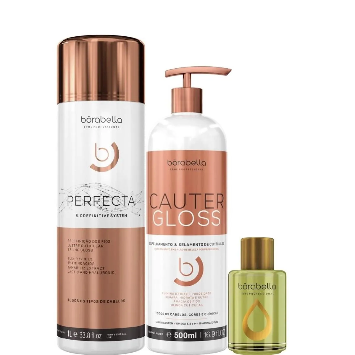 BORABELLA PERFECTA 1 LITRO + CAUTER GLOSS 500ML + ÓLEO ARGAN 7ML