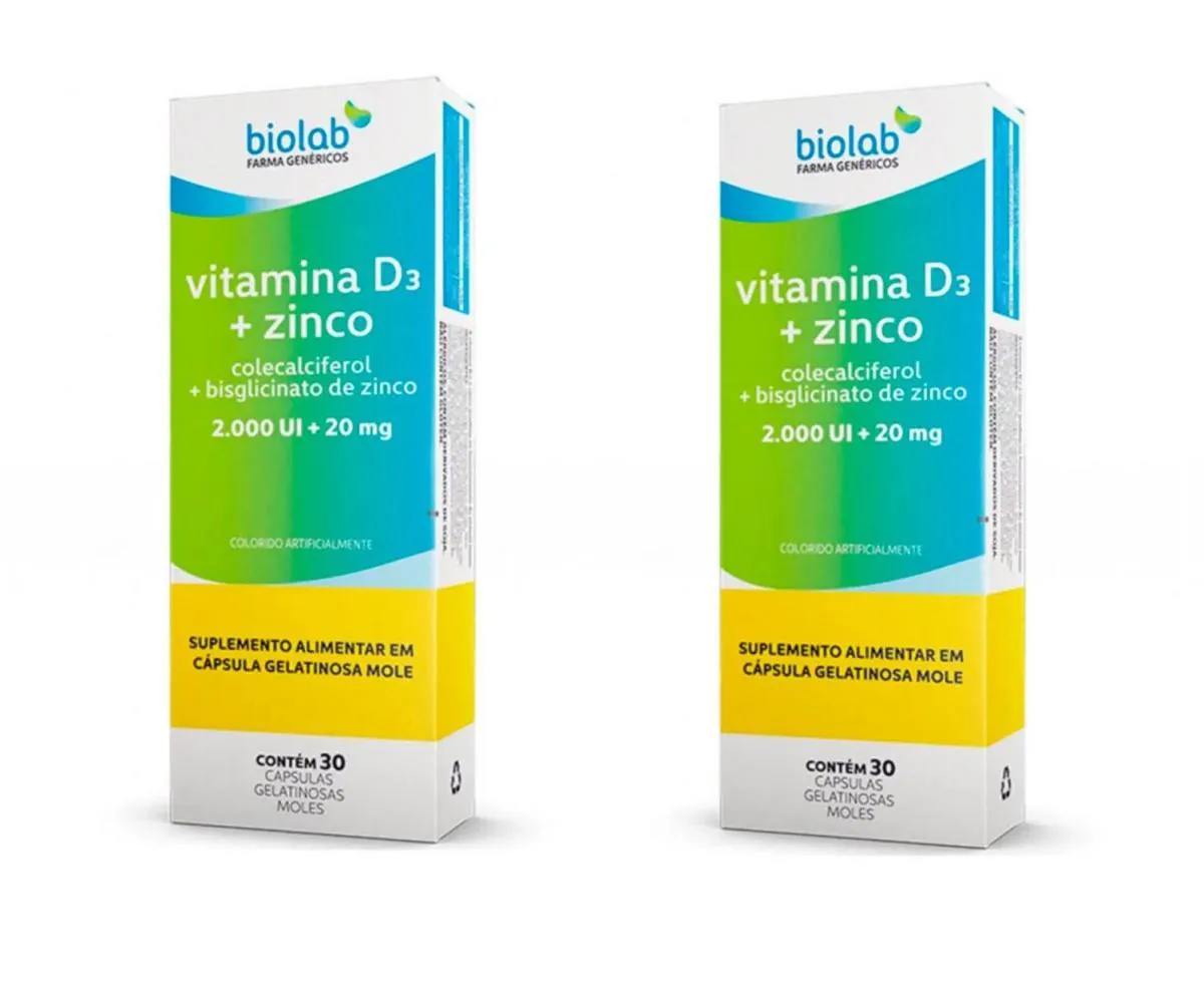 KIT 2 VITAMINA D3 + ZINCO 2000UI + 20MG  BIOLAB  30CPS