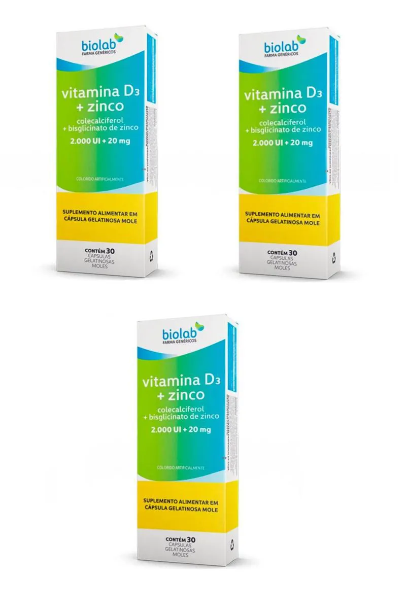 KIT 3 VITAMINA D3 + ZINCO 2000UI + 20MG  BIOLAB 30CPS