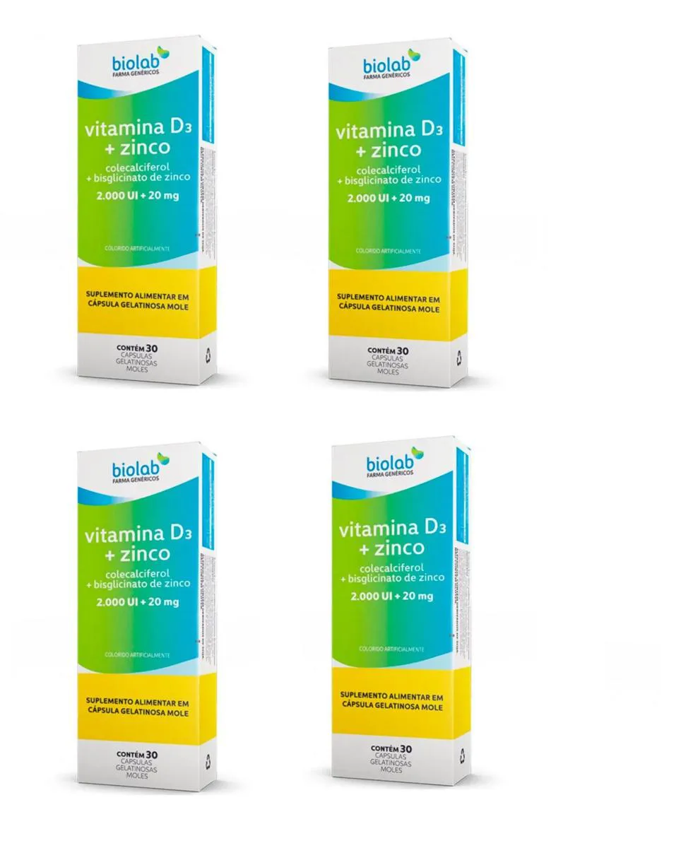KIT 4 VITAMINA D3 + ZINCO 2000UI + 20MG  BIOLAB 30CPS