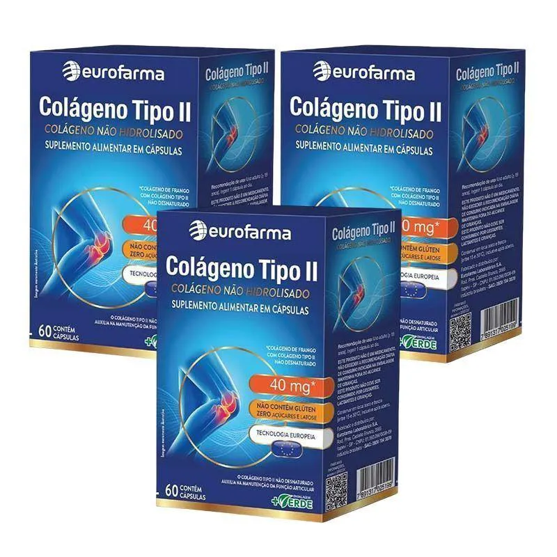 KIT 3 COLáGENO TIPO II 40MG EUROFARMA 60 CáPSULAS