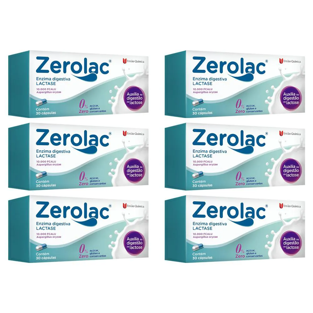 KIT 6 ZEROLAC LACTASE ENZIMA DIGESTIVA 30CPS - UNIãO QUíMICA