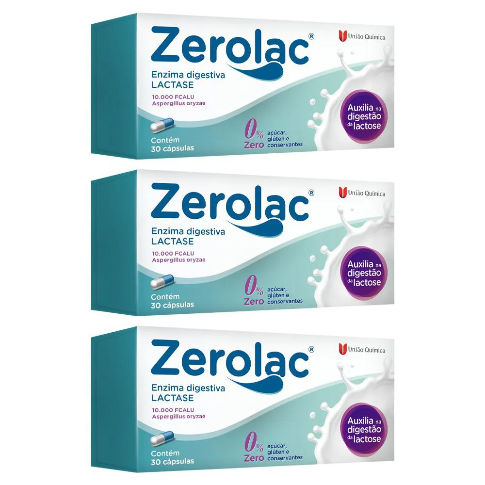 KIT 3 ZEROLAC LACTASE ENZIMA DIGESTIVA 30CPS - UNIãO QUíMICA