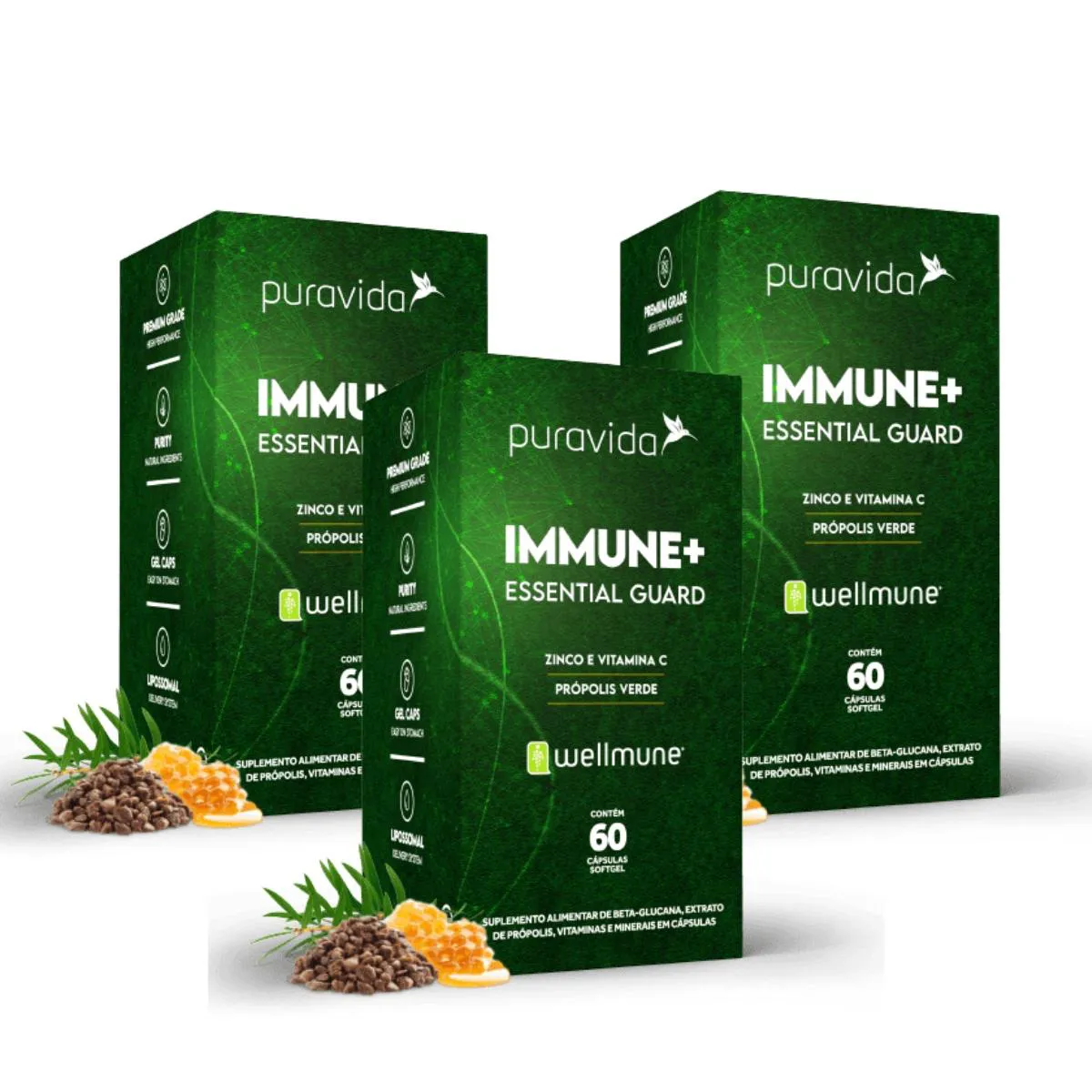 KIT 3 IMMUNE+ 60 CÁPSULAS ZINCO VITAMINA C PRÓPOLIS VERDE PURAVIDA SEM Sabor