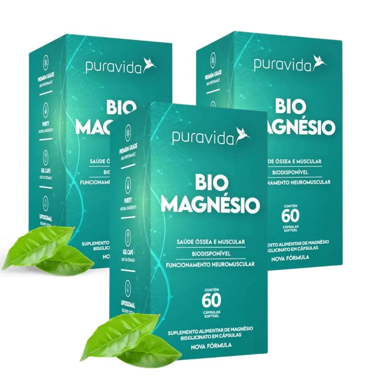 KIT 3 BIO  MAGNESIO QUELATO BISCIGLINATO PURAVIDA 60 CáPSULAS SEM Sabor