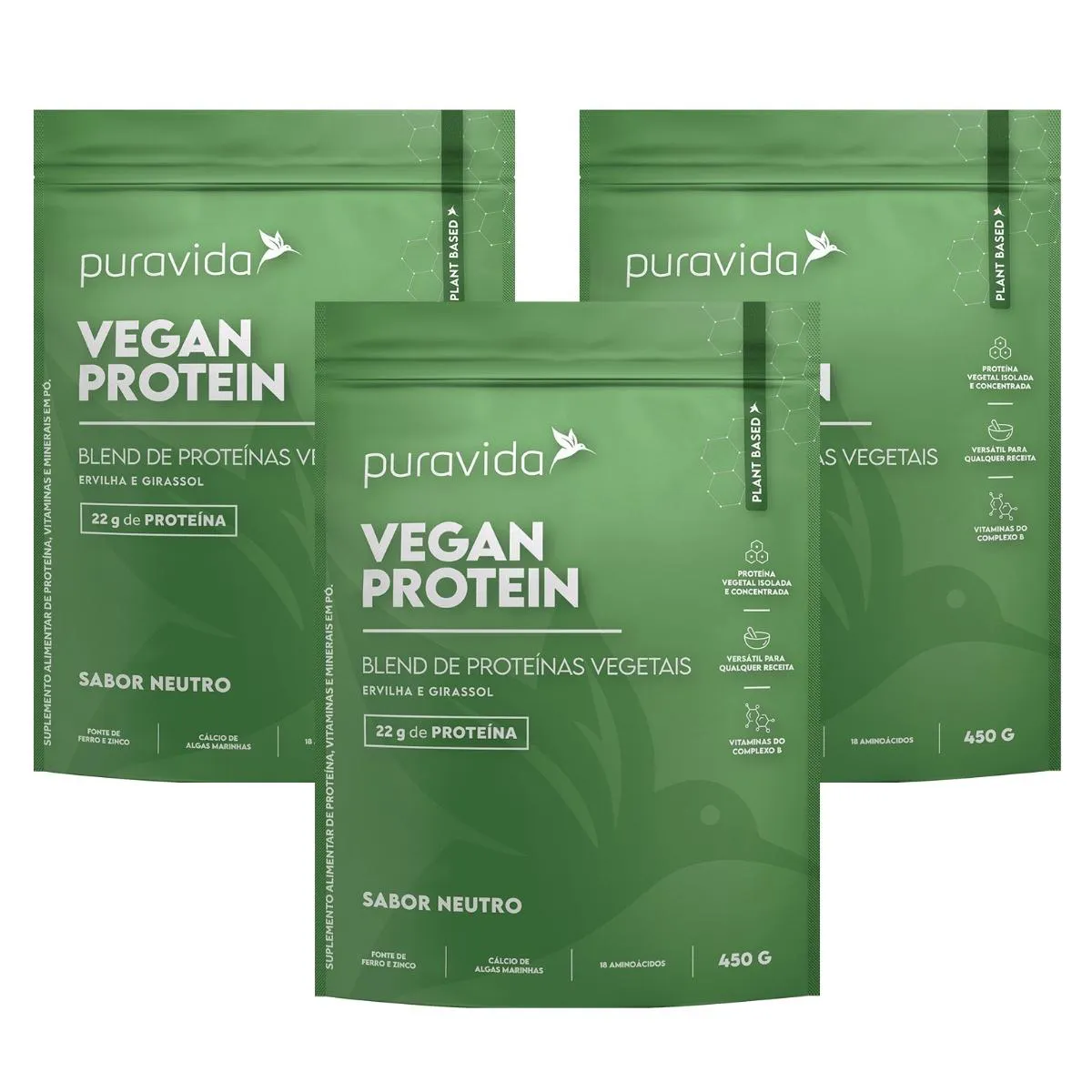 KIT 3 VEGAN PROTEIN PROTEíNA VEGETAL WHEY  NATURAL  PURAVIDA Neutro