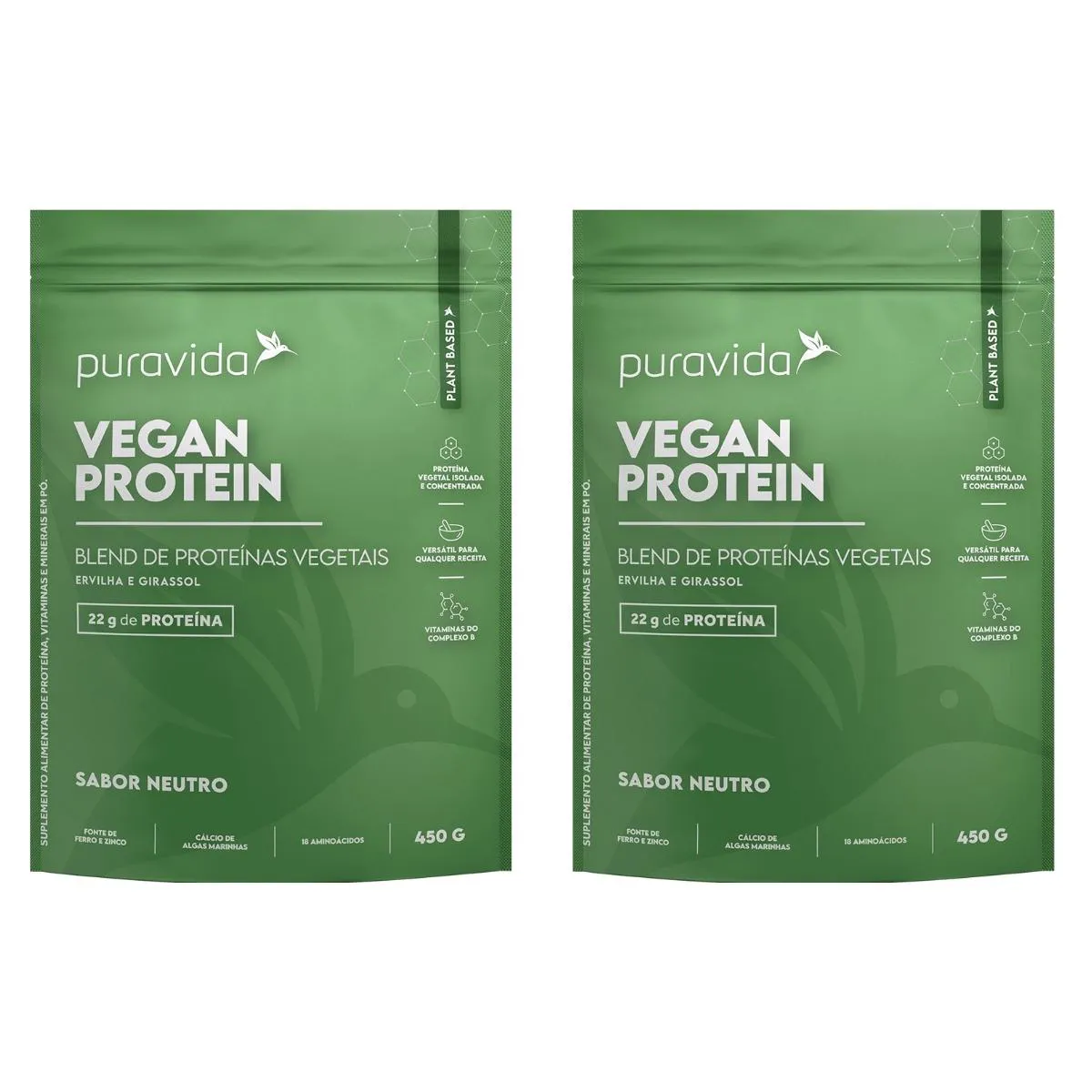 KIT 2 VEGAN PROTEIN PROTEíNA VEGETAL WHEY 100% NATURAL  PURAVIDA Neutro