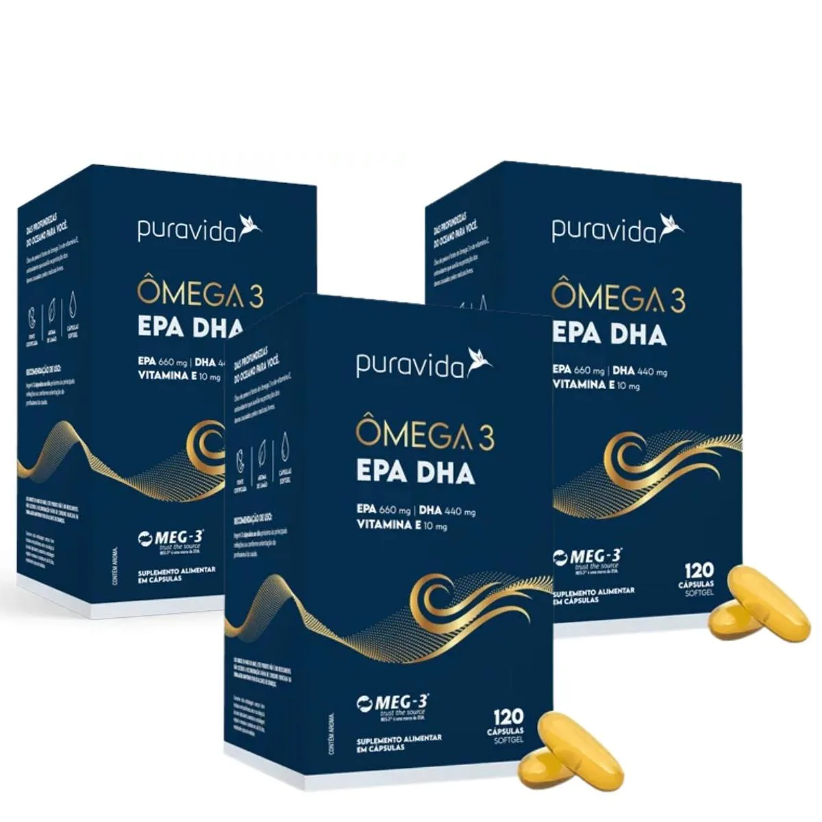 KIT 3 ÔMEGA 3 SUPER DHA 1000MG EPA 400MG 120 CáPSULAS PURAVIDA SEM Sabor