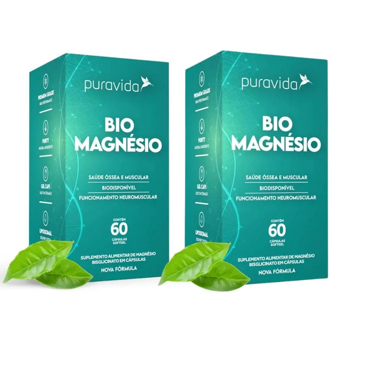 KIT 2 BIO MAGNESIO QUELATO BISCIGLINATO PURAVIDA 60 CáPSULAS SEM Sabor