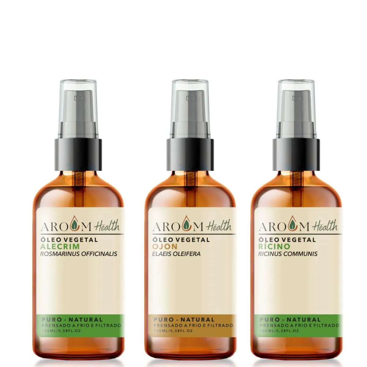 KIT TERAPIA CAPILAR PREMIUM - ÓLEOS VEGETAIS ALECRIM, OJON E RíCINO ( CASTOR) 100 ML CADA AROOM HEALTH