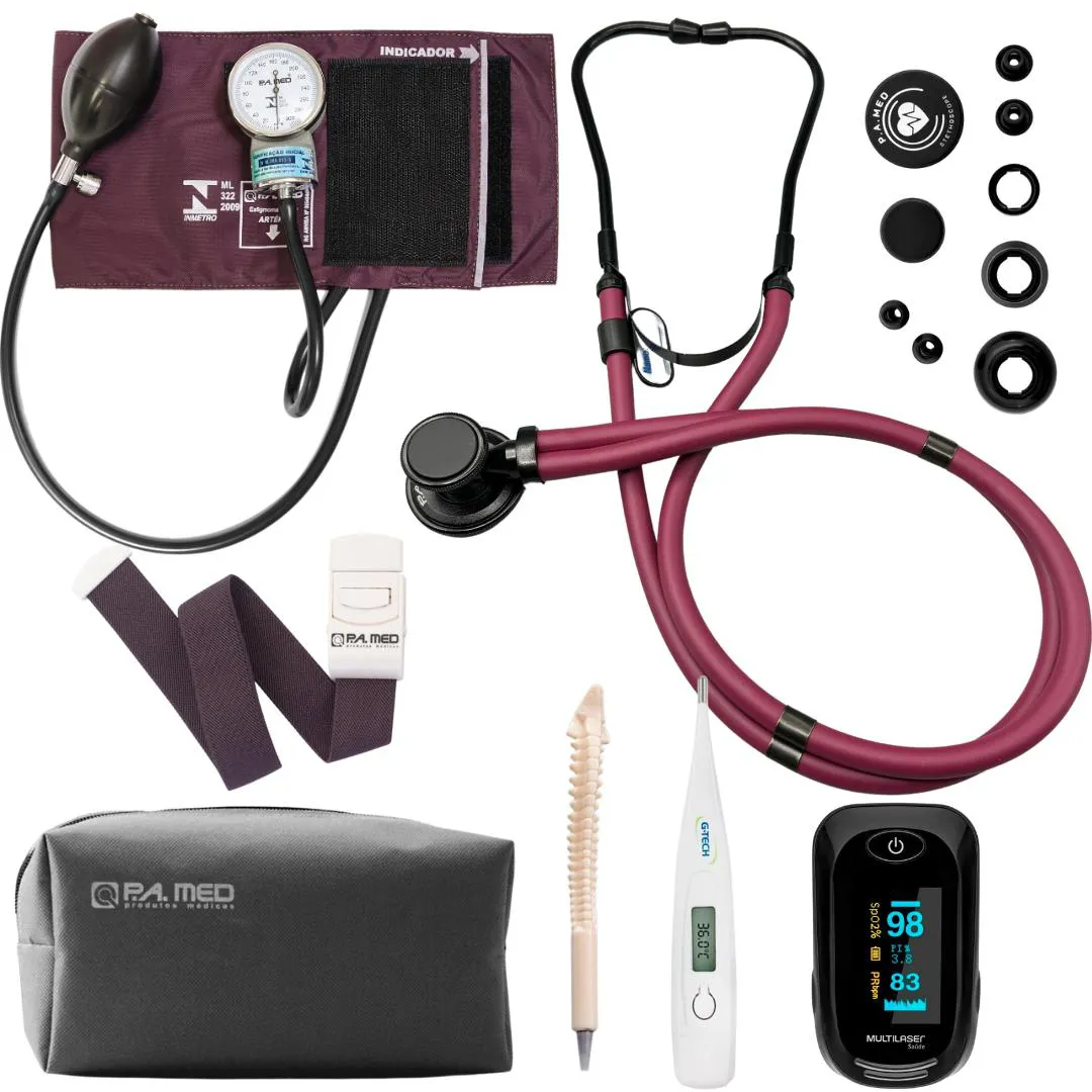 KIT ENFERMAGEM COMPLETO ESTETOSCóPIO AP PRESSãO GARROTE OXíMETRO TERMôMETRO (VINHO BLACK)