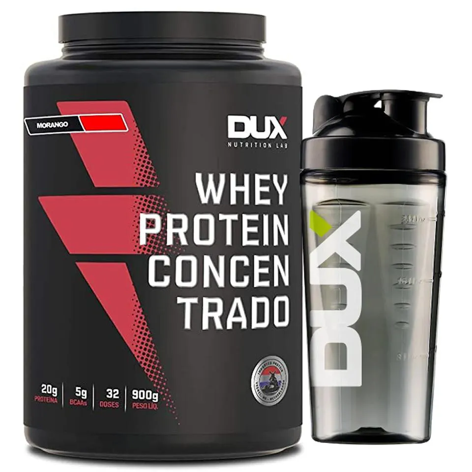WHEY CONCENTRADO 900G DUX NUTRITION - MORANGO + COQUETELEIRA