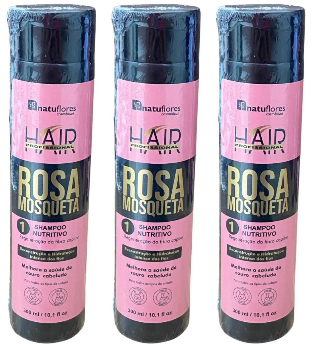 SHAMPOO NUTRITIVO RECONSTRUÇÃO ROSA MOSQUETA 300ML NATUFLORES KIT 3UND