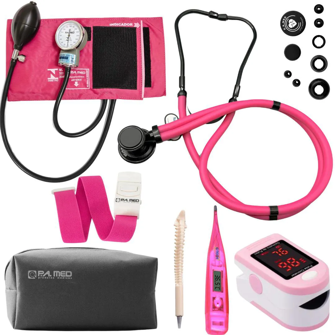 KIT ENFERMAGEM COMPLETO ESTETOSCóPIO AP PRESSãO GARROTE OXíMETRO TERMôMETRO (ROSA BLACK)