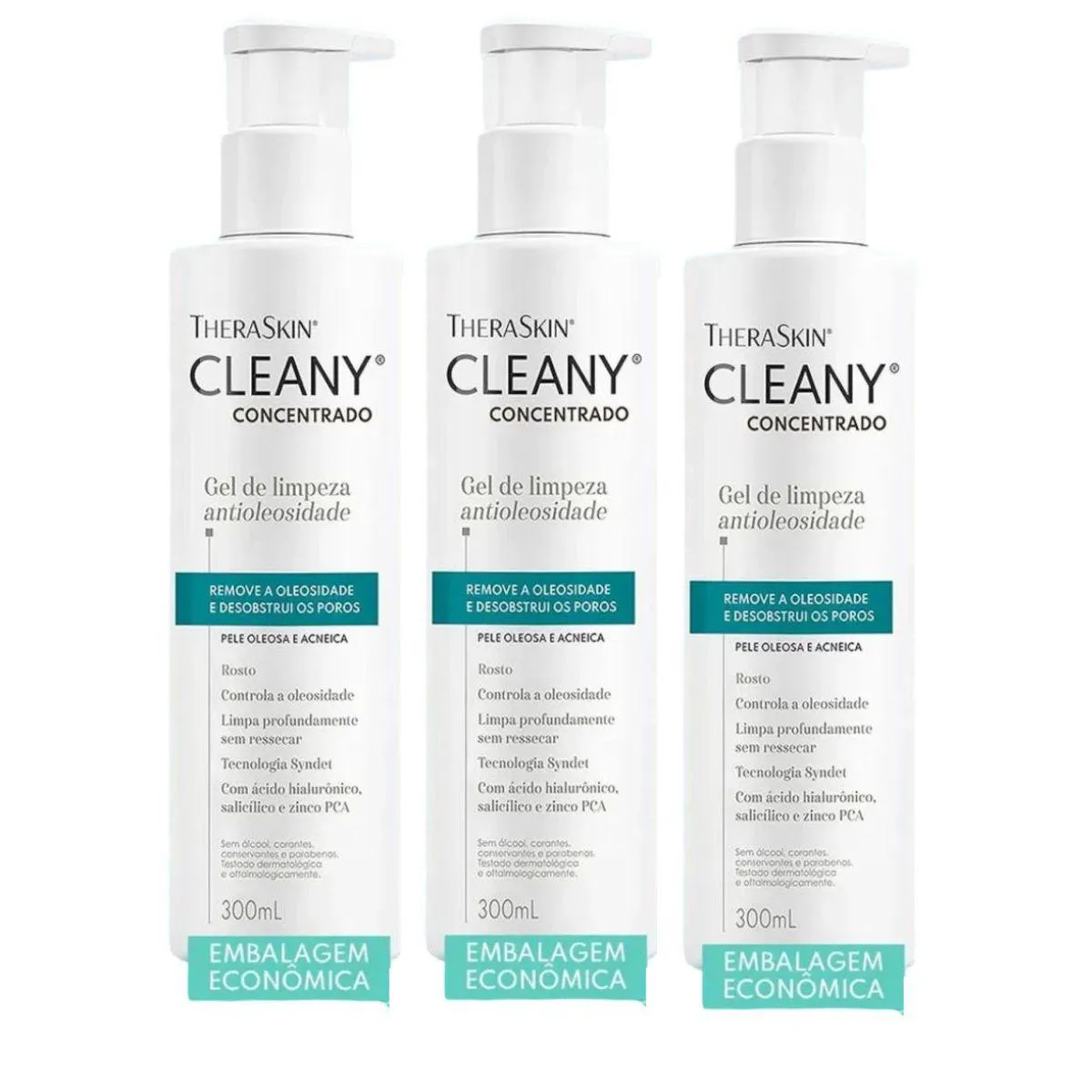 3 FRASCOS GEL THERASKIN CLEANY LIMPEZA ANTIOLEOSIDADE 300ML
