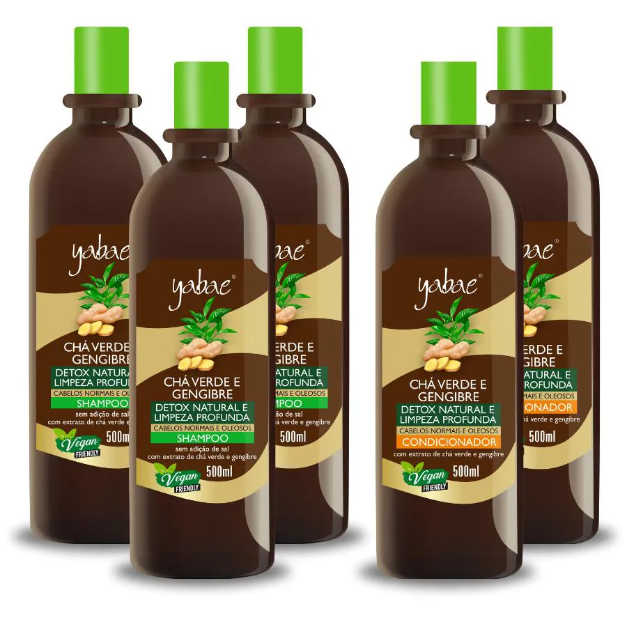 KIT SHAMPOO E CONDICIONADOR CHá VERDE E GENGIBRE - 3 SHAMPOOS 500ML E 2 CONDICIONADORES 500ML - YABAE - VEGANO