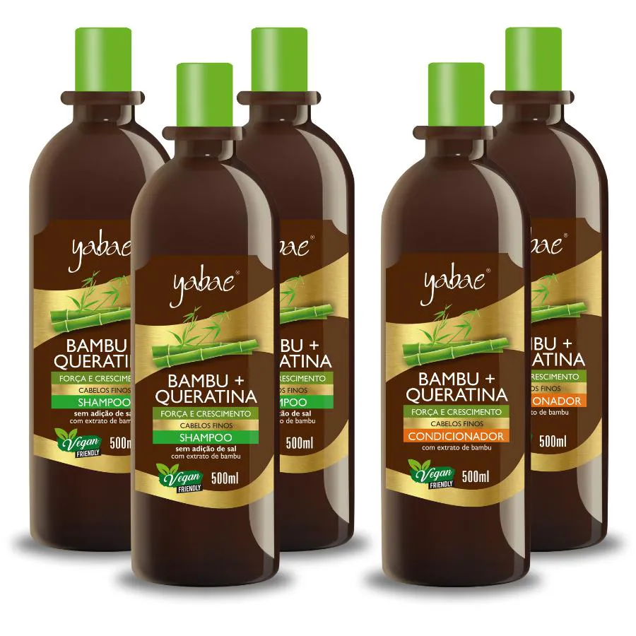 SHAMPOO E CONDICIONADOR BAMBU E QUERATINA - 3 SHAMPOOS 500ML E 2 CONDICIONADORES 500ML - YABAE - VEGANO