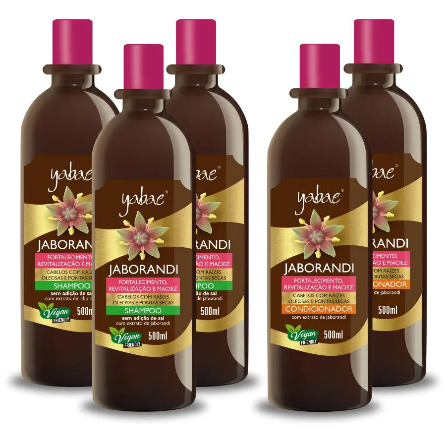 SHAMPOO E CONDICIONADOR JABORANDI - 3 SHAMPOOS E 2 CONDICIONADORES 500ML - YABAE - VEGANO