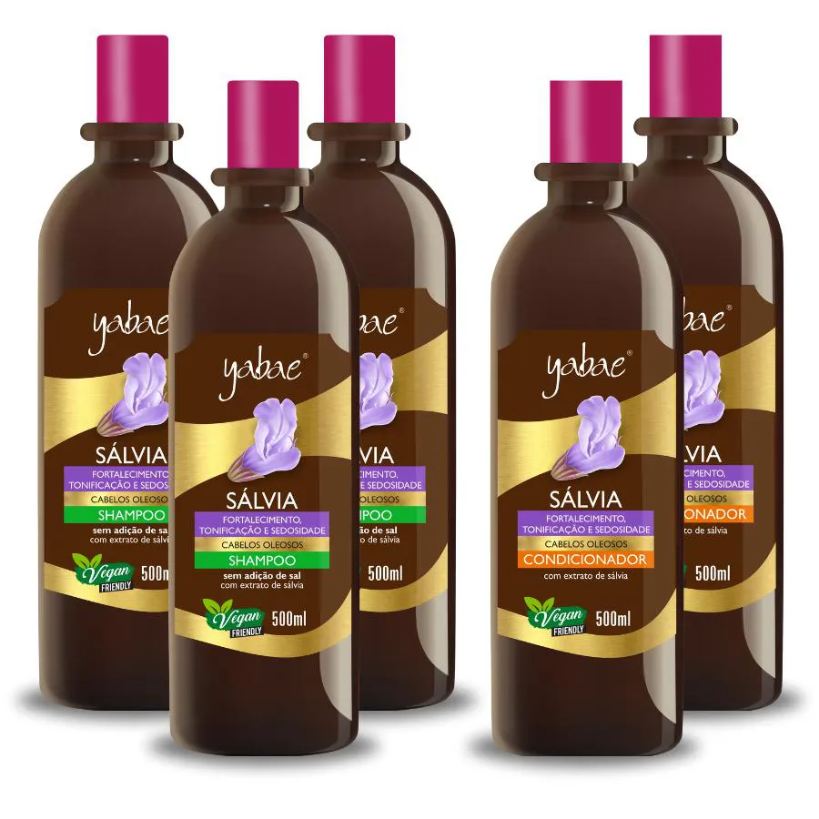 KIT SHAMPOO E CONDICIONADOR SáLVIA - 3 SHAMPOOS 500ML E 2 CONDICIONADORES 500ML - YABAE - VEGANO