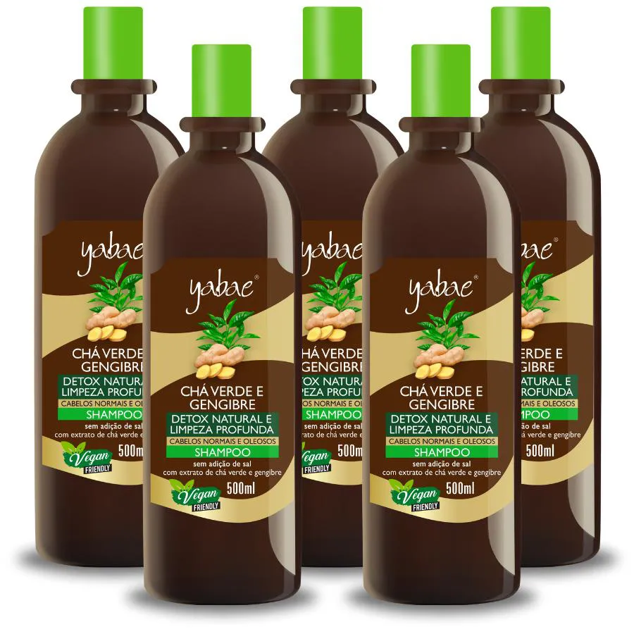 SHAMPOO CHá VERDE E GENGIBRE – 5 UNIDADES DE 500ML - YABAE – VEGANO