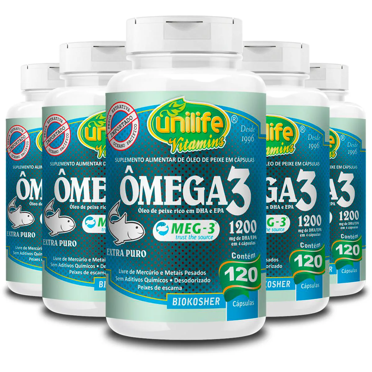 Kit 5 Ômega 3 Óleo de Peixe Unilife 120 Cápsulas 1200mg