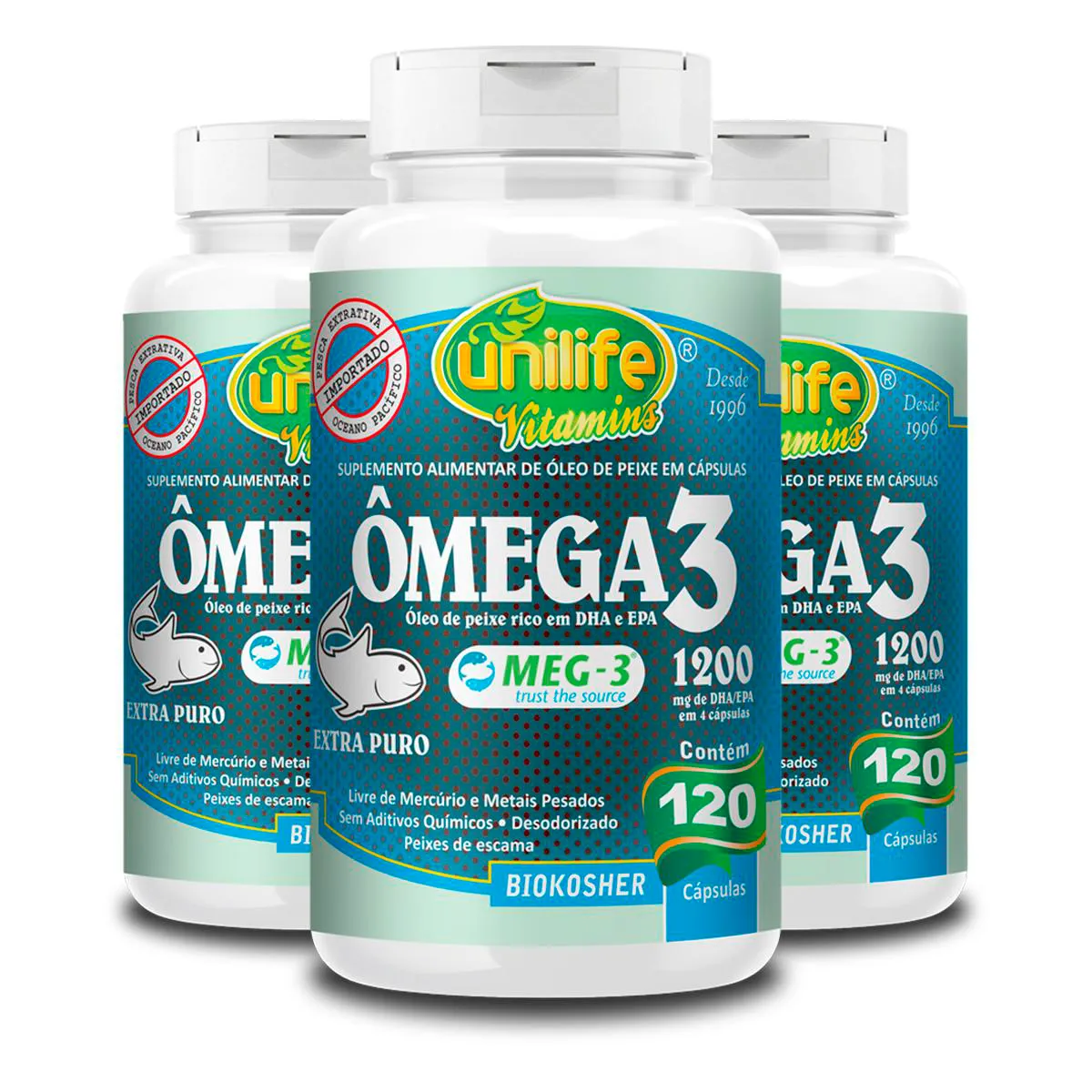 Kit 3 Ômega 3 Óleo de Peixe Unilife 120 Cápsulas 1200mg