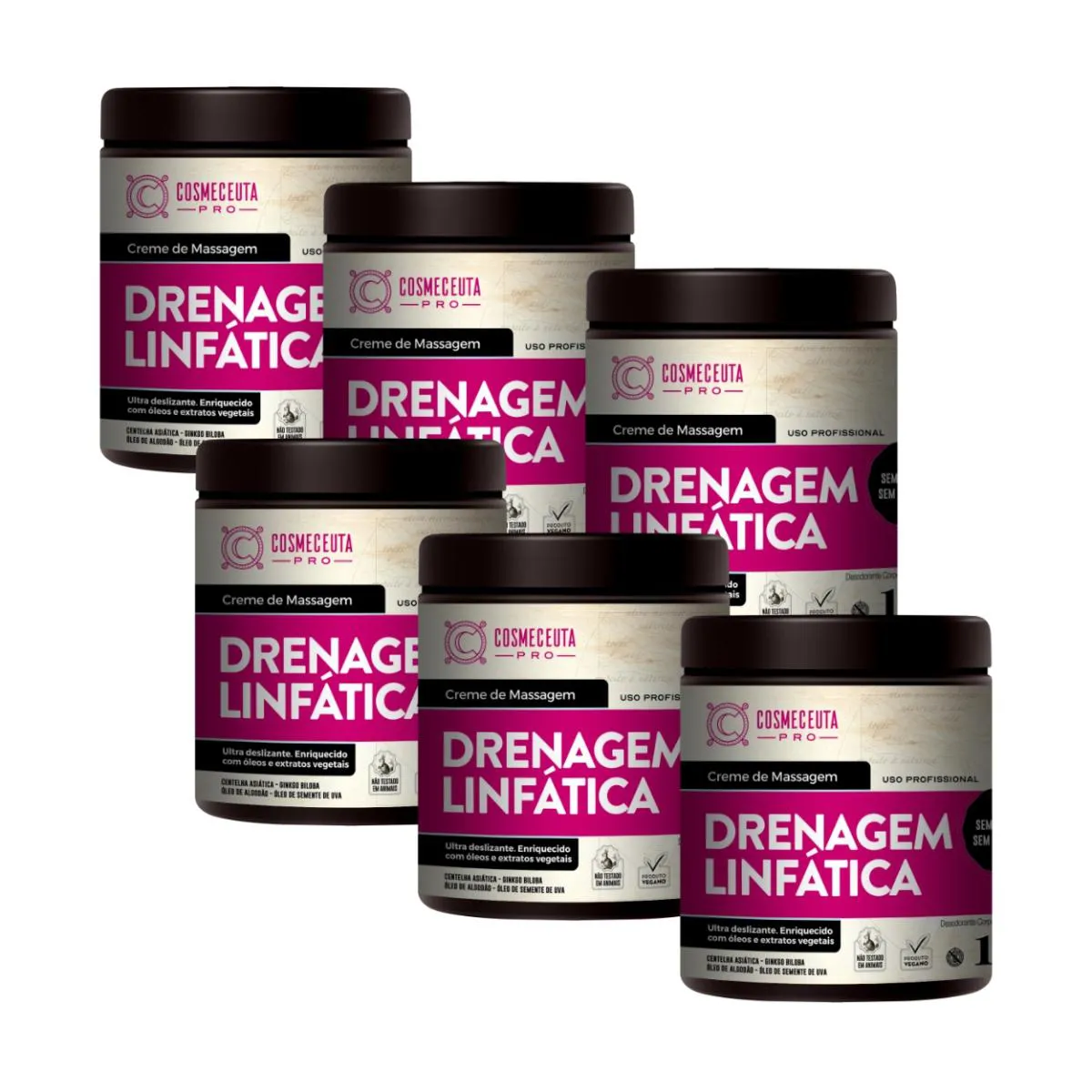 KIT 6 CREMES MASSAGEM DRENAGEM LINFáTICA VEGANO COSMECEUTA