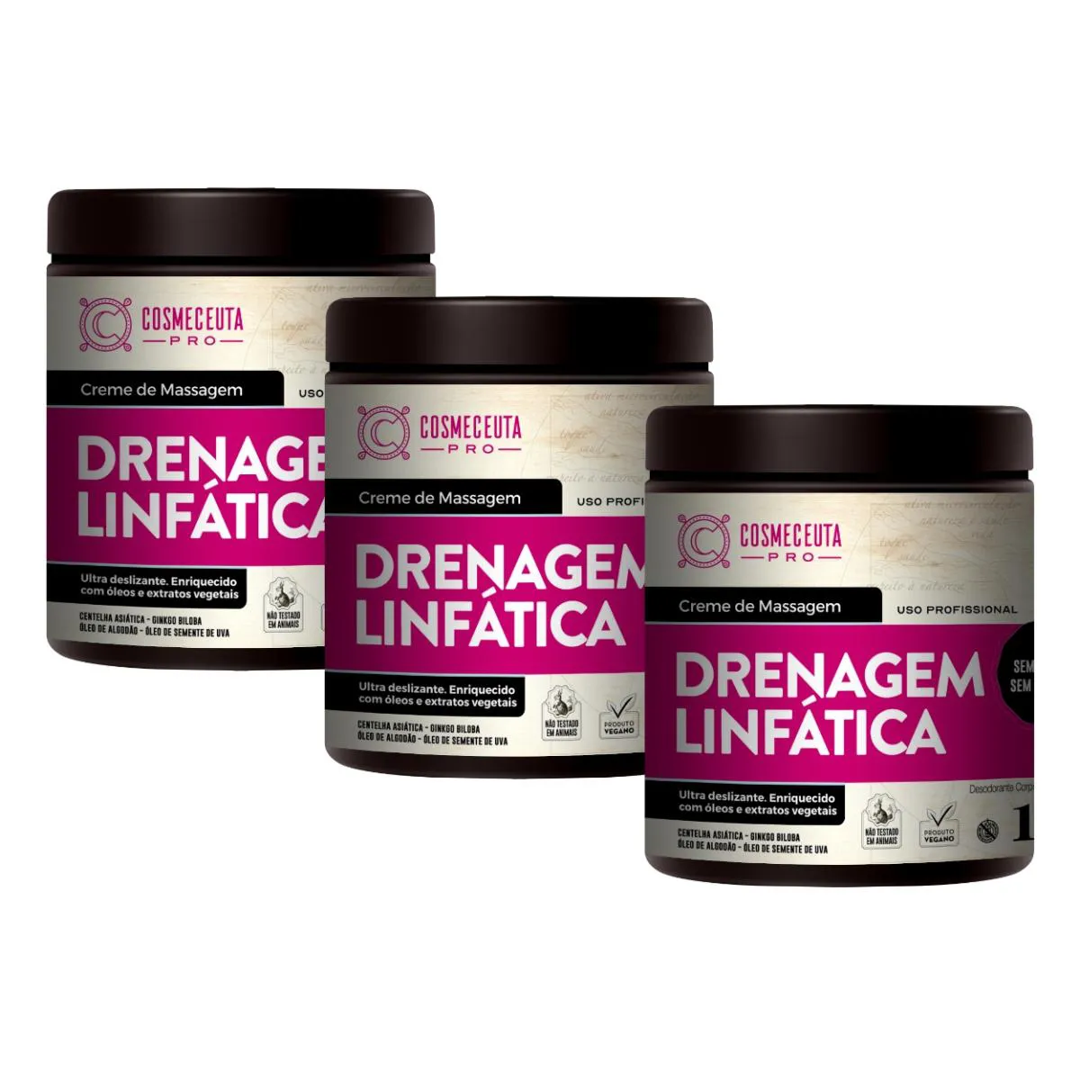 KIT 3 CREMES MASSAGEM DRENAGEM LINFáTICA VEGANO COSMECEUTA