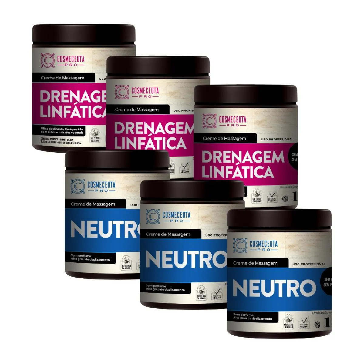 KIT 3 CREMES NEUTRO + 3 CREMES DRENAGEM LINFáTICA COSMECEUTA
