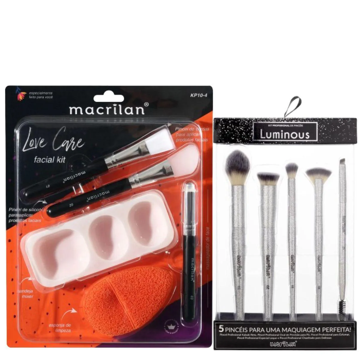 KIT PINCéIS LOVE CARE FACIAL MACRILAN KP10-4 + KIT ED800 COM 5 PINCéIS PARA MAQUIAGEM LUMINOUS