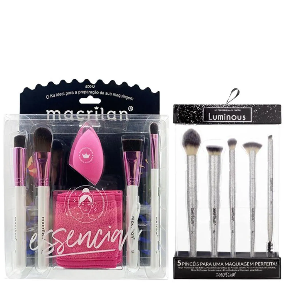 KIT ESSENCIAL MACRILAN ED012 + KIT ED800 COM 5 PINCéIS PARA MAQUIAGEM LUMINOUS