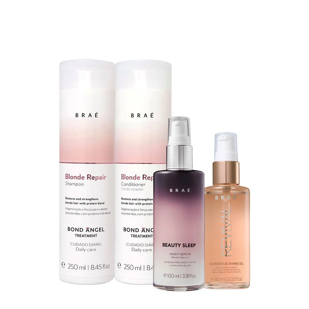 KIT BRAé BLOND REPAIR SHAMPOO CONDICIONADOR BEAUTY SLEEP E GORGEUS SHINE OIL (4 PRODUTOS)