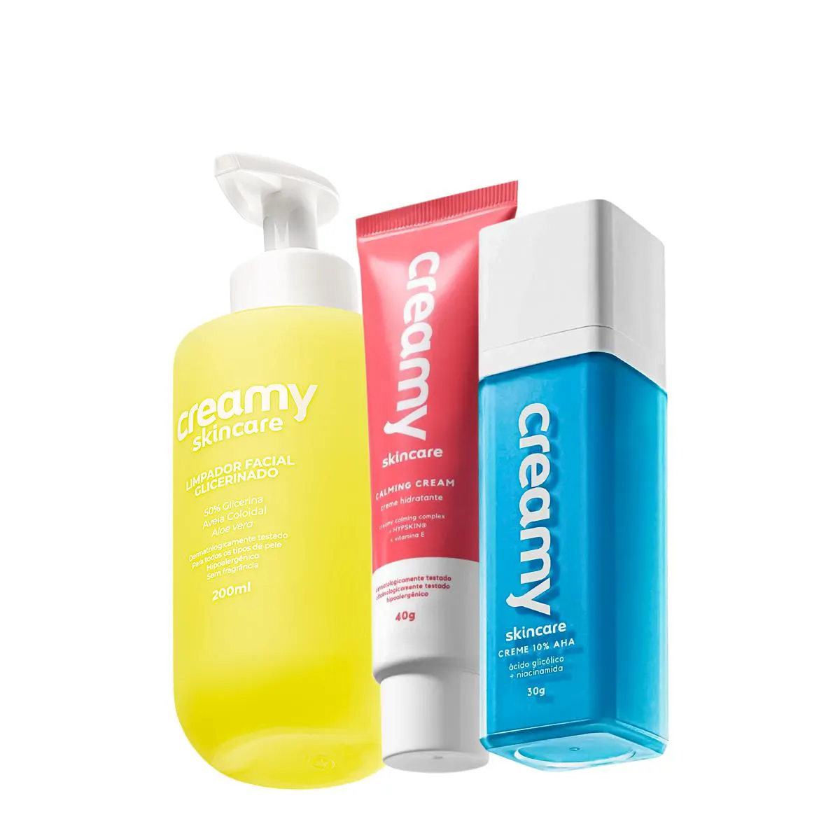 KIT CREAMY SKINCARE LIMPADOR GLICERINADO CALMING CREAM E ÁCIDO GLICóLICO (3 PRODUTOS)