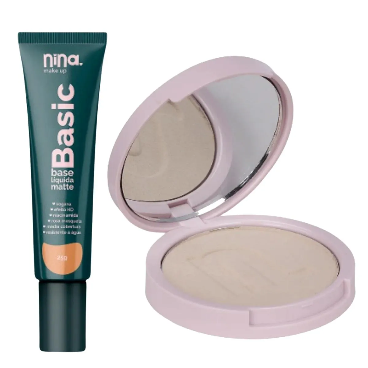 KIT NINA MAKEUP BASE LíQUIDA BASIC+Pó COMAPCTO INSTANT COR 2