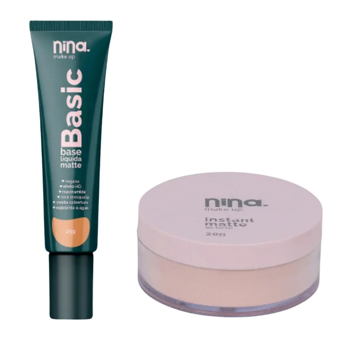 KIT NINA MAKEUP BASE LíQUIDA BASIC+Pó SOLTO INSTANT COR 2