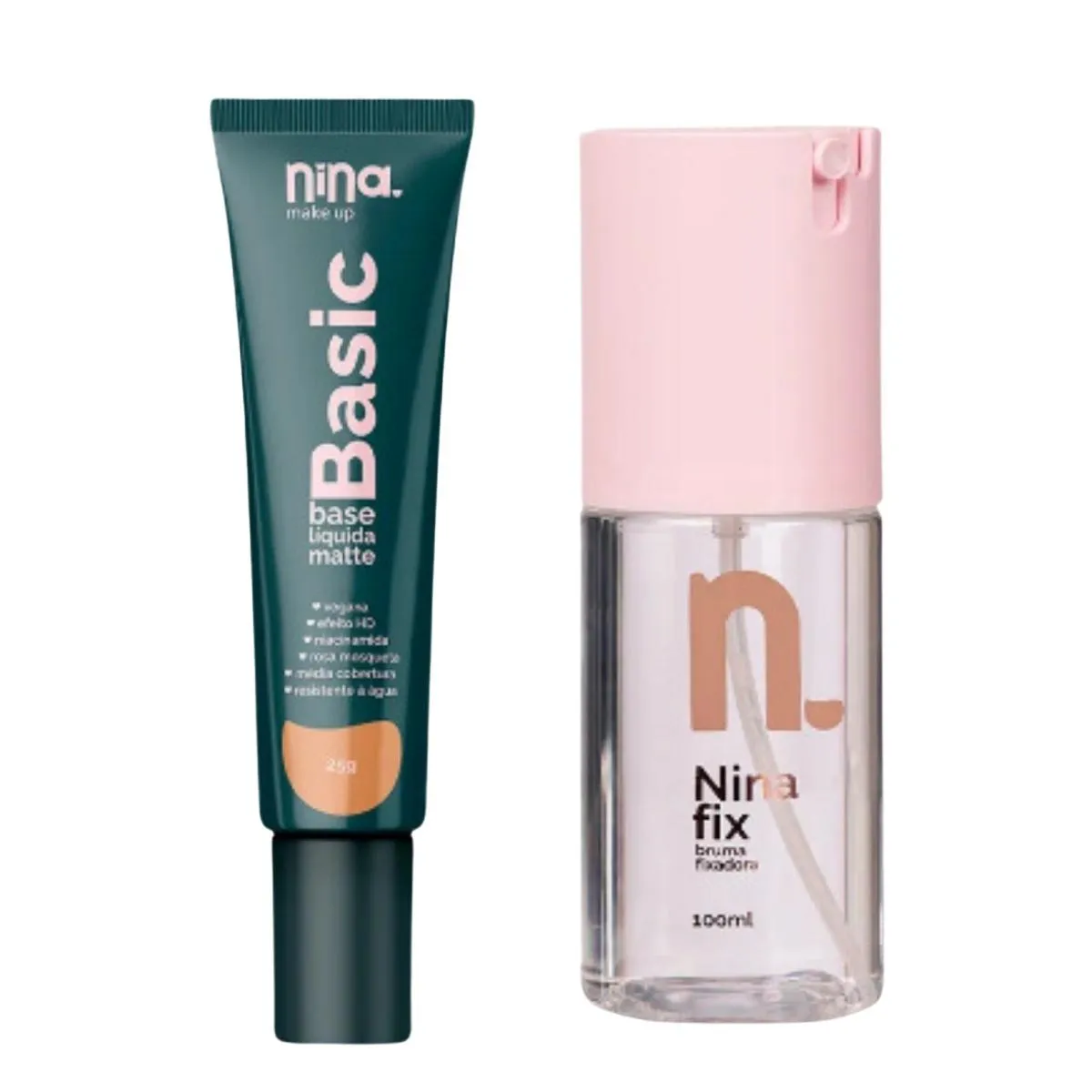 KIT NINA MAKEUP BASE LíQUIDA BASIC COR3+BRUMA FIXADORA FIX