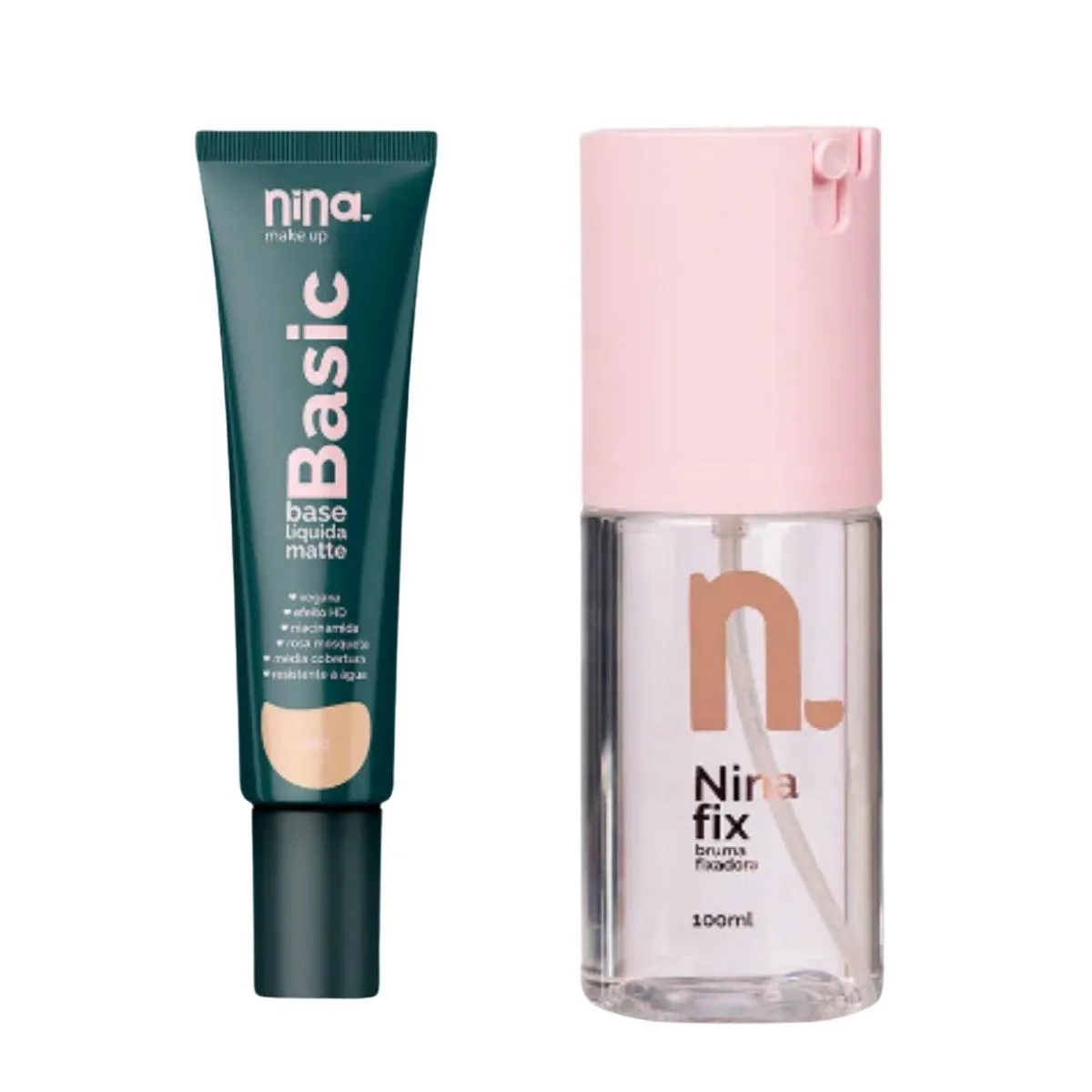 KIT NINA MAKEUP BASE LíQUIDA BASIC COR1+BRUMA FIXADORA FIX
