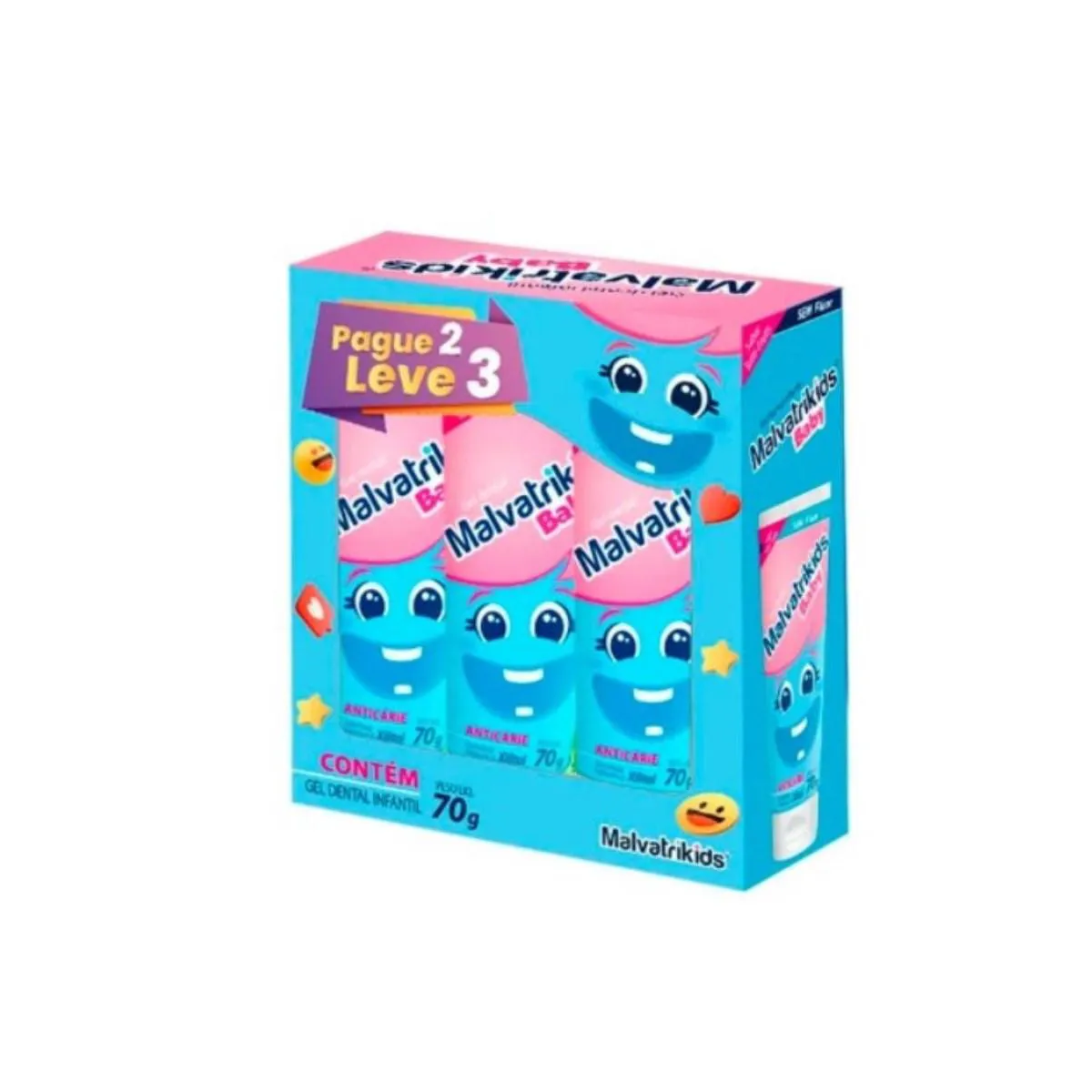 KIT GEL DENTAL MALVATRIKIDS BABY ANTICáRIE SABOR TUTTI-FRUTTI SEM FLúOR 3 UNIDADES 70G CADA