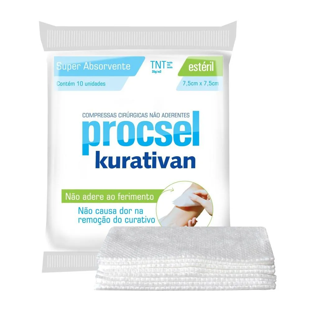 COMPRESSA GAZE ESTERIL NãO ADERENTE 7,5X7,5CM COM 10UN PROCSEL KURATIVAN