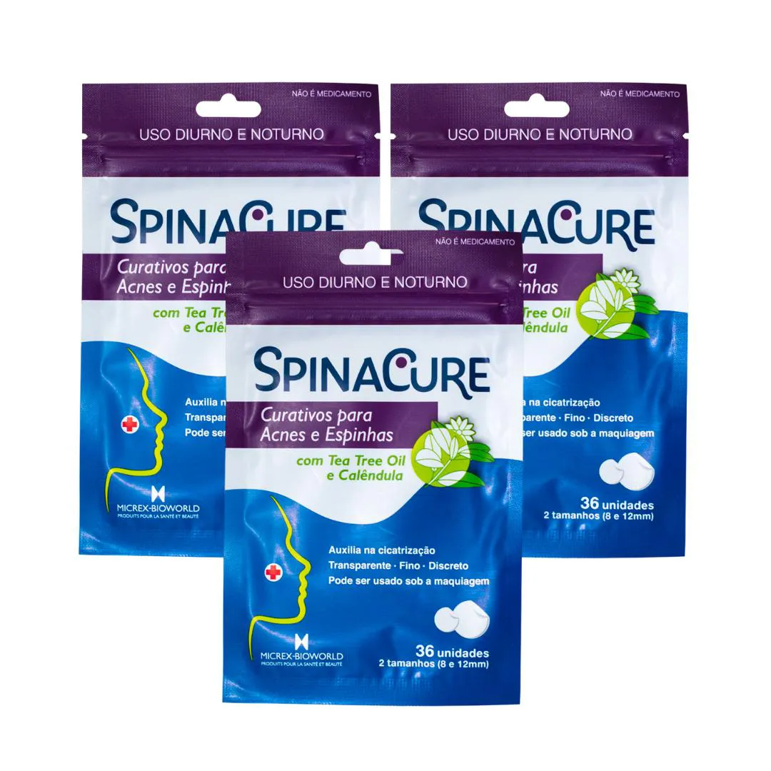 KIT 3 SPINACURE CURATIVO ACNE 36UN. HIDROCOLOIDE IMPREGNADO TEA TREE E CALENDULA, SACHE ZIPER