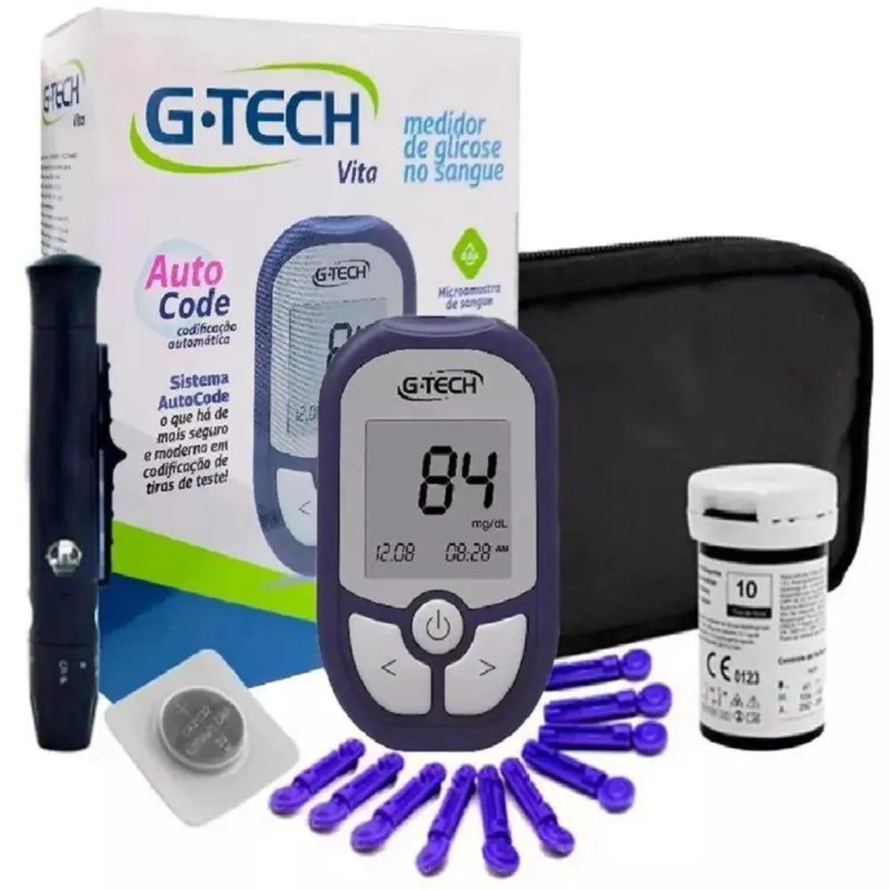 KIT MEDIDOR DE GLICOSE VITA TIRAS LANCETAS E LANCETADOR GTECH