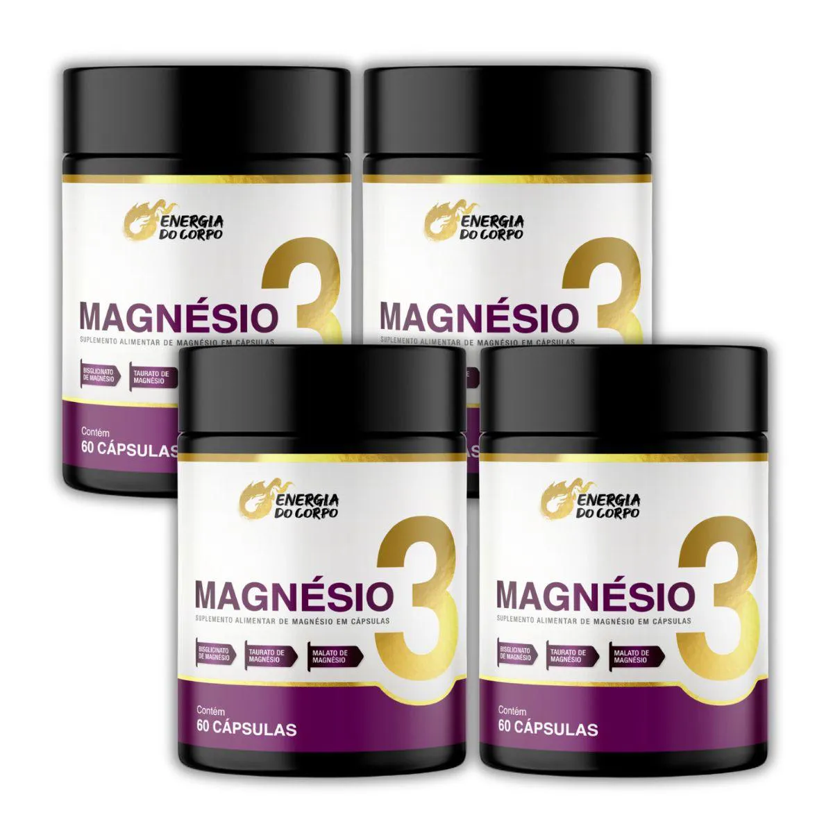 KIT 4X MAGNéSIO 3 BISGLICINATO, TAURATO E DIMALATO 60 CáPSULAS SEM Sabor
